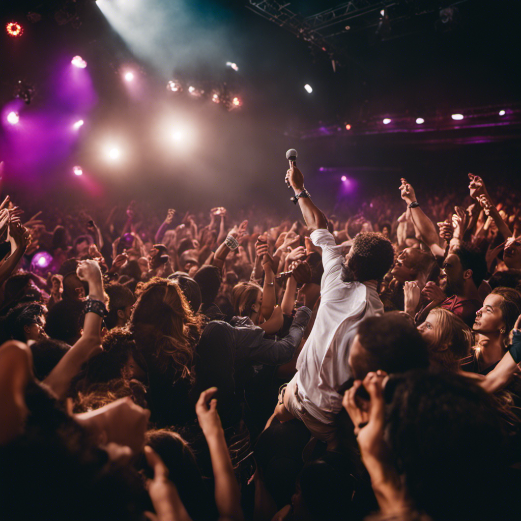 An image depicting a musician passionately performing on stage, engaging a diverse crowd of fans, each person captivated by the music, symbolizing the power of connecting with your target audience through holistic SEO
