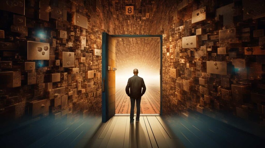 Harmonizing Holistic SEO for Musicians: Crafting a Path to Digital Triumph 27 thorstenmeyer Create an image featuring a person peering throug a8eae7ac c733 4287 b43a bcc3c98f65f7
